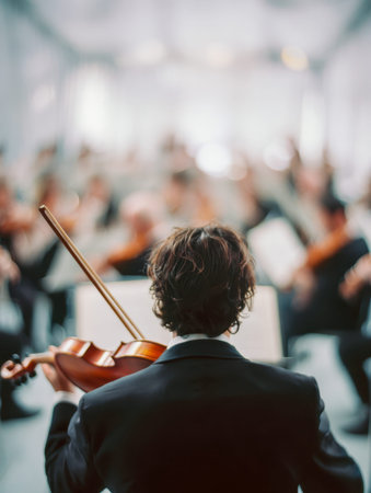 A skilled musician passionately performs on her violin amid a serene concert hall, as refined guests...