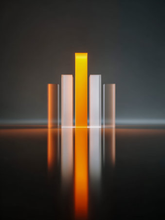 A sleek arrangement of glowing vertical segments, featuring a standout golden column. Its reflection...