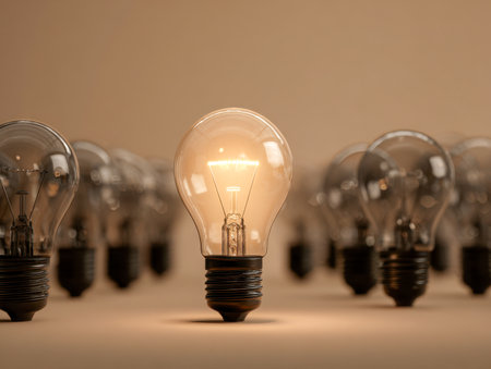 A radiant filament emits a soft glow, contrasting with surrounding dormant bulbs, evoking a sense of inspiration and inventive thinking in a cozy ambiance.の写真素材
