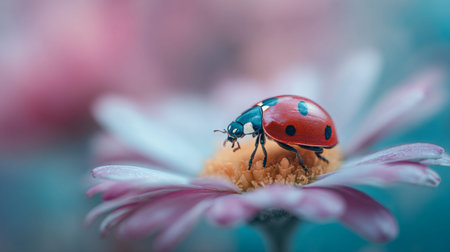 A striking beetle with vivid red and black markings rests gently on a blooming pink flower's bright...