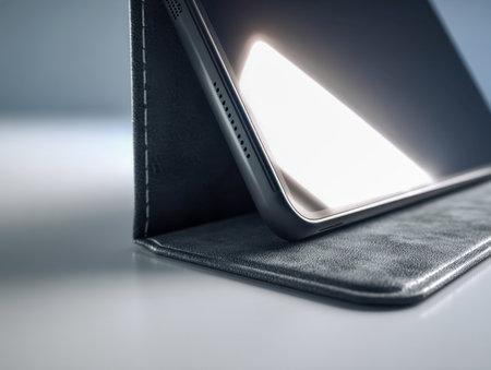 A contemporary tablet rests securely in an elegant leather stand case atop a tidy workspace, its vibrant display illuminating a bright background ideal for work or lの写真素材