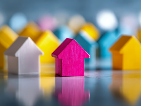 Colorful miniature houses are artistically displayed on a glossy surface, embodying themes of diverse property portfolios and dynamic real estate market growth.の写真素材
