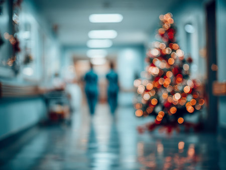 A vibrant scene capturing hospital personnel in motion amid soft, colorful holiday lighting, with a shimmering tree radiating cozy warmth and seasonal joy.の写真素材