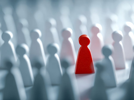 A striking crimson silhouette rises sharply above a sea of indistinct white shapes, symbolizing uniqueness and strength amid a busy collective.の写真素材