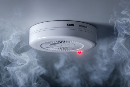 A ceiling-mounted alarm activates with a flashing red signal as thick smoke fills the interior space, highlighting a critical safety alert in proactive fire preventiの写真素材