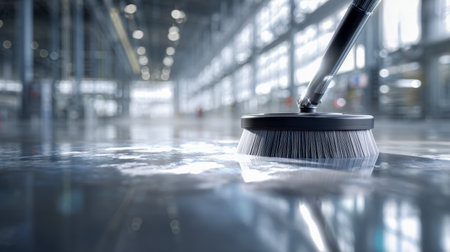 A sleek industrial floor scrubber maneuvers across a luminous factory interior, creating shimmering reflections on the glossy concrete as workers ensure a pristine eの写真素材