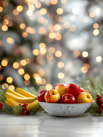 A cozy fall centerpiece featuring a bowl of ripe apples and bananas, accented by lush pine foliage and vibrant red berries, illuminated by soft, glowing bokeh lightsの写真素材