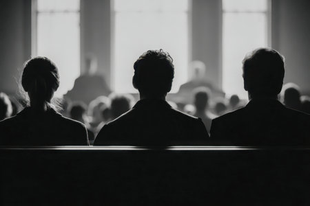 In a subdued setting, three figures rest on a bench as luminous daylight floods through expansive windows, their vague outlines suggesting quiet companionship amidstの写真素材