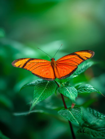 A striking orange butterfly with open wings rests gently on verdant leaves, embodying peaceful elegance amid a calm garden scene.の写真素材