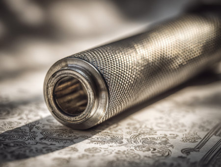 A close-up of a finely crafted metal cylinder showing elaborate engraved designs on an ornate...