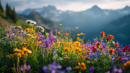 Bright wildflowers blanket a serene meadow under warm sunlight, framed by towering peaks and a gentle, misty sky, capturing tranquil summer harmony.の写真素材