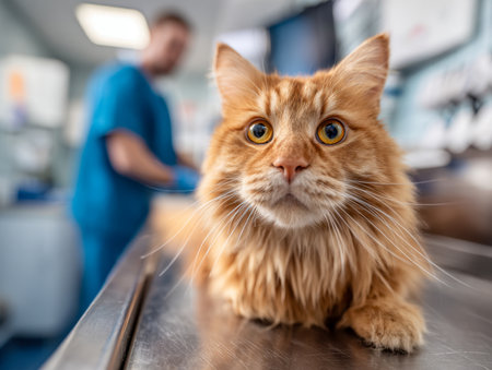 A curious ginger feline with large, alert eyes relaxes on a veterinary table while a healthcare professional in scrubs gets ready for a routine health assessment amiの写真素材