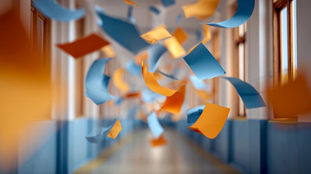 Bright orange and blue paper fragments drift swiftly through a wide, softly illuminated hallway, creating an energetic and playful atmosphere in the airy space.の写真素材