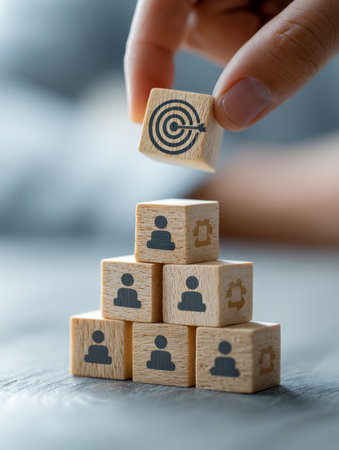 A hand positions carefully a symbolic target atop a layered structure of figures representing collaboration, guidance, and shared success in organizational growth.の写真素材