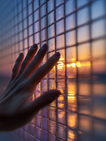 A gentle hand grazes a rough, sunlit glass surface as golden rays cast a soothing glow, evoking...