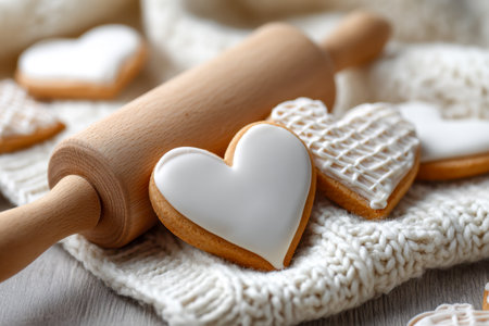 Joyful baking moments captured with delicate heart-shaped cookies topped in smooth white icing, nestled on soft knitted fabric alongside a rustic rolling pin.の写真素材