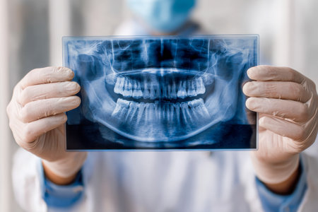 A healthcare expert examines a comprehensive dental radiograph, highlighting meticulous analysis in a clinical setting to ensure optimal oral health assessment.の写真素材