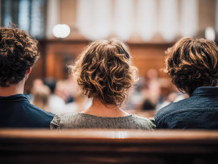 Three individuals with curly hair sit closely on rustic wooden benches, immersed in a warm, softly lit atmosphere during a formal gathering.の写真素材