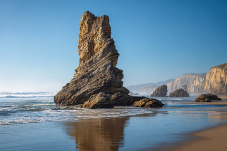 Sunlit spires emerge from calm waters, their rugged silhouettes reflected in shimmering sand, capturing tranquil beauty during the warm glow of sunset.の写真素材