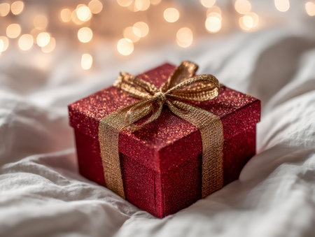A luxurious red gift box with sparkling glitter and a gleaming gold ribbon adorns plush white fabric, set against a softly blurred backdrop of festive lights, perfecの写真素材