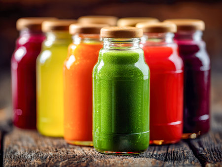 Brightly colored bottles of fresh fruit and vegetable elixirs sit on a weathered wood surface, captured in soft natural light, evoking wholesome vitality and rusticの写真素材