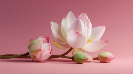 A serene display of blush and snowy blossoms showcase varying stages of bloom, their fragile petals illuminated softly against a tender pink backdrop.の写真素材