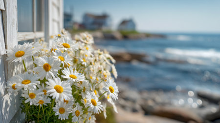 Bright daisies with soft white and sunny yellow petals nestle on a windowsill, gazing out at tranquil rocks and smooth ocean currents beneath a crystal-clear summerの写真素材