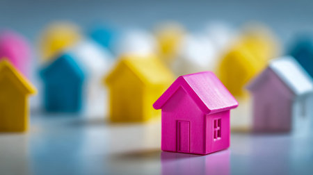 A vivid purple miniature home stands out sharply on a reflective surface, surrounded by a dreamy...