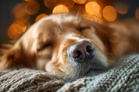 A gentle golden retriever snoozes peacefully, its head nestled into a soft, woven blanket, while inviting amber lights cast a soothing glow in the distance.の写真素材