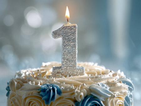 A luxurious cake adorned with smooth frosting and delicate blue roses, crowned by a shimmering silver numeral candle illuminating a joyful milestone celebration.の写真素材