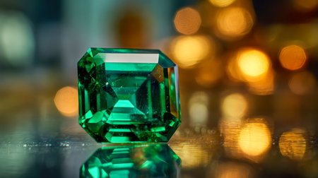 A luminous green gemstone with precise faceting rests on a glossy surface, glowing softly amidst a backdrop of vivid, glowing amber tones that evoke sophistication.の写真素材
