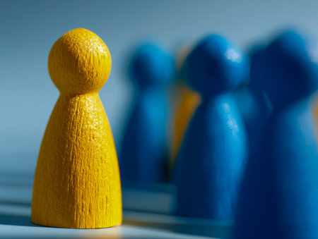 A vibrant yellow wooden figure rises amid a sea of blue counterparts, embodying distinctiveness and confidence in a corporate environment.の写真素材