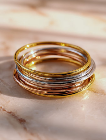 A refined ensemble of intertwined bangles showcasing warm gold, cool silver, and blush rose gold...