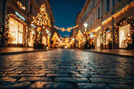 A cozy, illuminated street adorned with glowing string lights and festive greenery, with bustling footsteps echoing on historic cobblestones under twilight skies.の写真素材