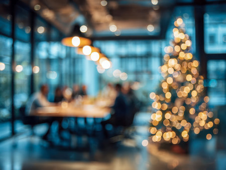 A softly focused scene of colleagues gathered in a stylish office, with twinkling holiday ornaments and ambient warm lighting fostering a festive, inviting mood amidの写真素材