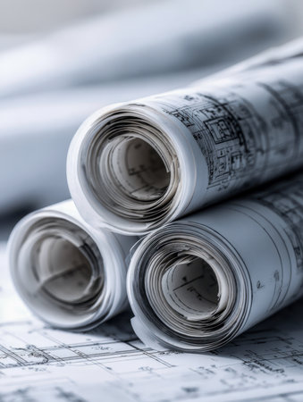 A tidy arrangement of rolled and flat blueprints displaying intricate building schemes, engineering details, and renovation plans for construction experts.の写真素材