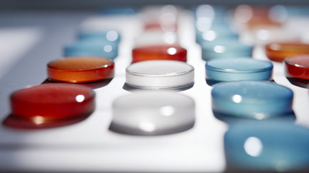 A vivid display of multicolored medicinal capsules and tablets neatly organized in a blister sheet, highlighting their striking hues against a subtle light backdrop.の写真素材