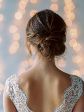 A graceful woman in a delicate lace gown, her intricate updo complementing the shimmering glow of flickering fairy lights, evoking a serene, enchanting mood.の写真素材
