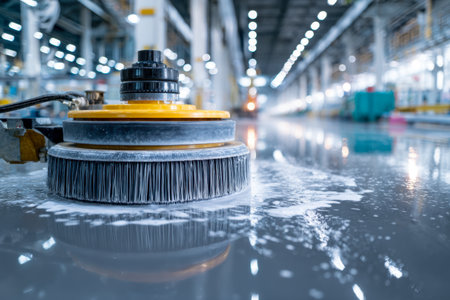 A sleek cleaning device meticulously polishes a expansive, reflective concrete floor amid bright, open industrial space, combining efficiency with modern design.の写真素材