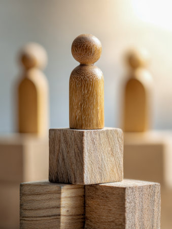 A handcrafted wooden figure atop layered blocks, with out-of-focus counterparts in the background, capturing themes of guiding strength, personal distinction, and coの写真素材