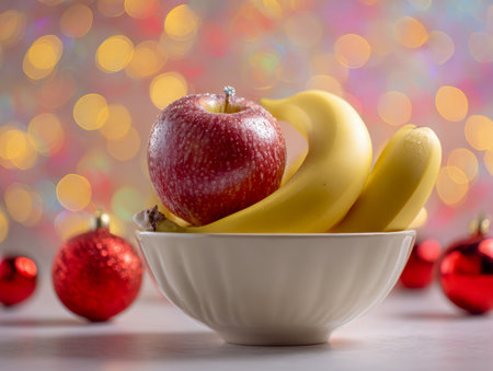A crisp white dish showcases ripe bananas and a crisp apple, framed by vibrant red holiday decorations, with soft, multicolored lights creating a cheerful backdrop.の写真素材