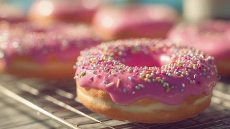 Bright pink-glazed donuts adorned with a colorful sprinkle array rest on a wire rack, their inviting texture highlighted by gentle natural light that celebrates sweeの写真素材