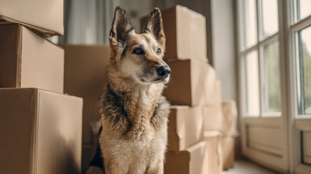 A vigilant shepherd dog rests peacefully amid neatly piled cardboard containers, lit by soft daylight streaming through expansive windowpanes inside a cozy space.の写真素材