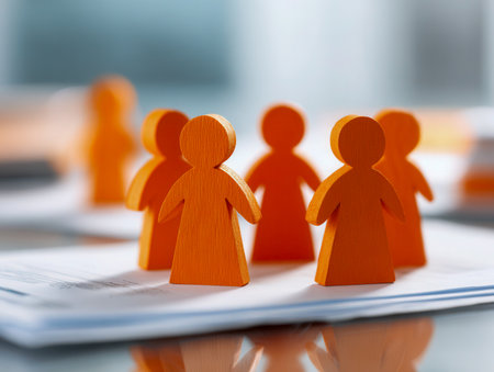 Vibrant wooden figures in orange, arranged atop layered papers, symbolize collective effort, strategic planning, and seamless coordination in a professional environmの写真素材