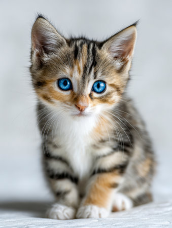 A charming tabby kitten with captivating blue eyes sits alertly on a plush white surface, illuminated by cheerful indoor light with a gentle, unobtrusive backdrop.の写真素材