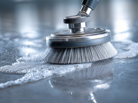 A durable mechanical cleaning tool with gentle bristles, effectively removing soap suds from a glossy surface to ensure pristine condition in a high-tech industrialの写真素材