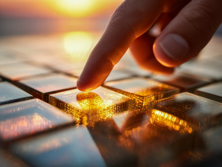 A delicate finger grazes luminous glass keys casting a cozy amber glow, set against a tranquil, diffused light backdrop perfect for envisioning advanced digital inteの写真素材