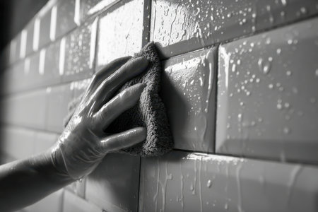 A hand in protective gloves wipes a damp tiled surface with a textured cloth, capturing intricate water droplets and glossy reflections in a subdued monochrome tone.の写真素材