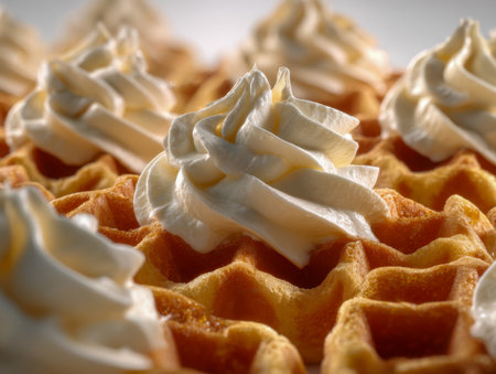 Crispy, amber-hued waffles crowned with airy whipped cream, captured in a cozy, inviting scene that evokes warmth and sweet indulgence.の写真素材
