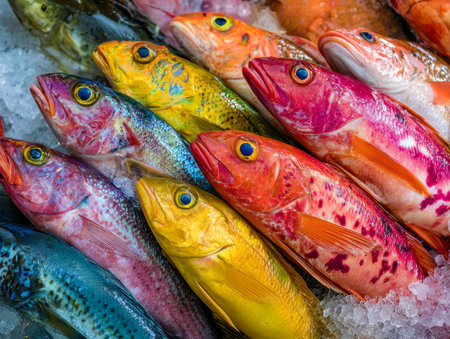 A vibrant display of assorted fish in vivid colors and diverse textures, meticulously arranged on icy crumbles, inspiring fresh catches and culinary creativity.の写真素材